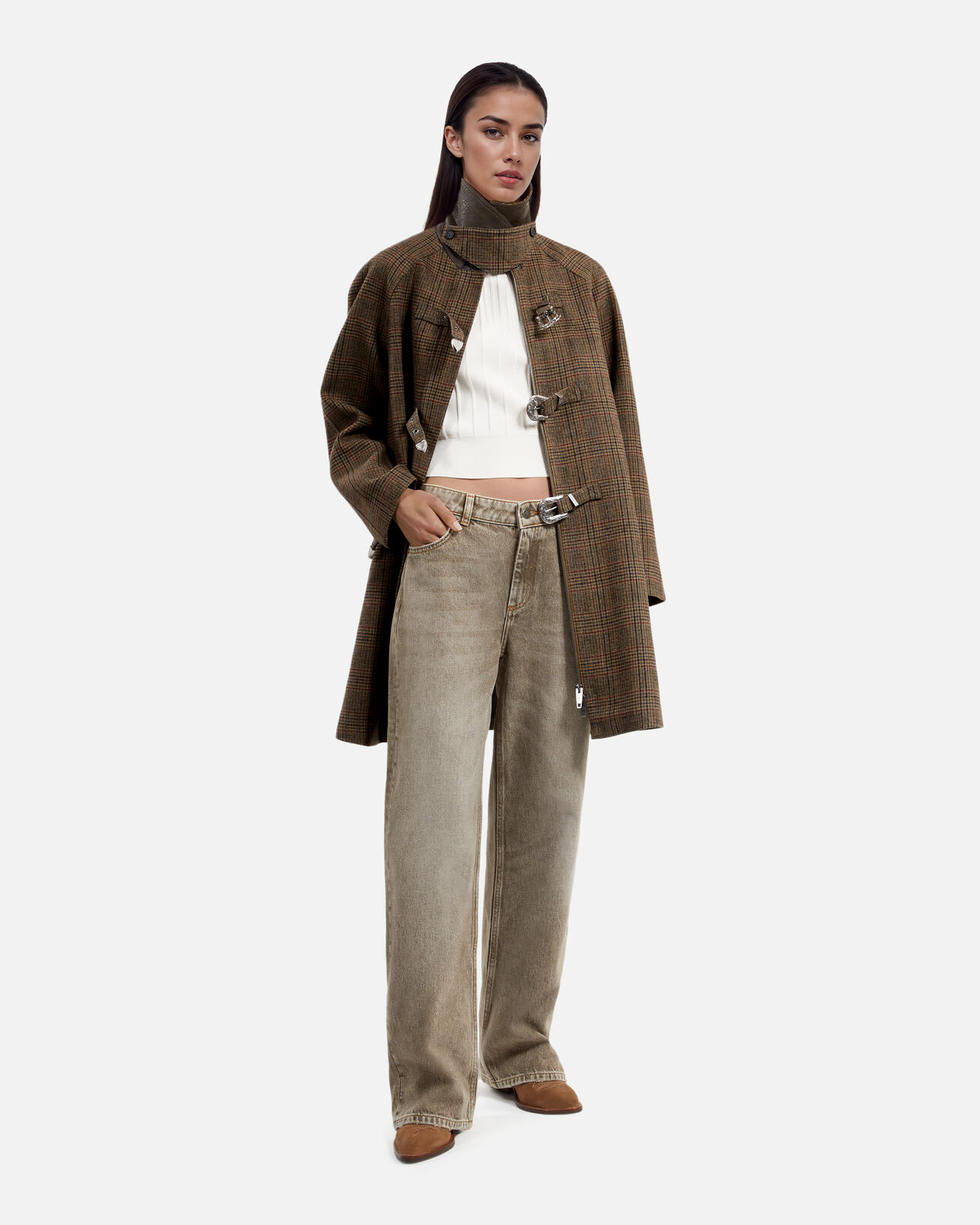 The Kooples WOMEN CHOCOLATE prince of wales brown wool coat