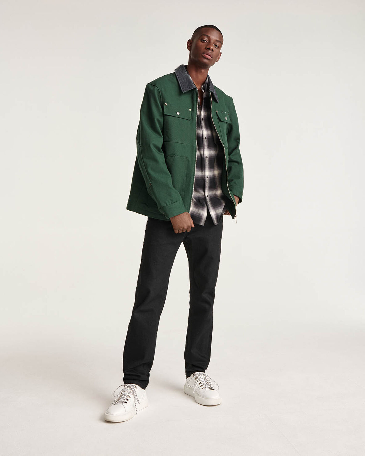 Green cotton jacket contrasting gray collar, FOREST, hi-res image number null
