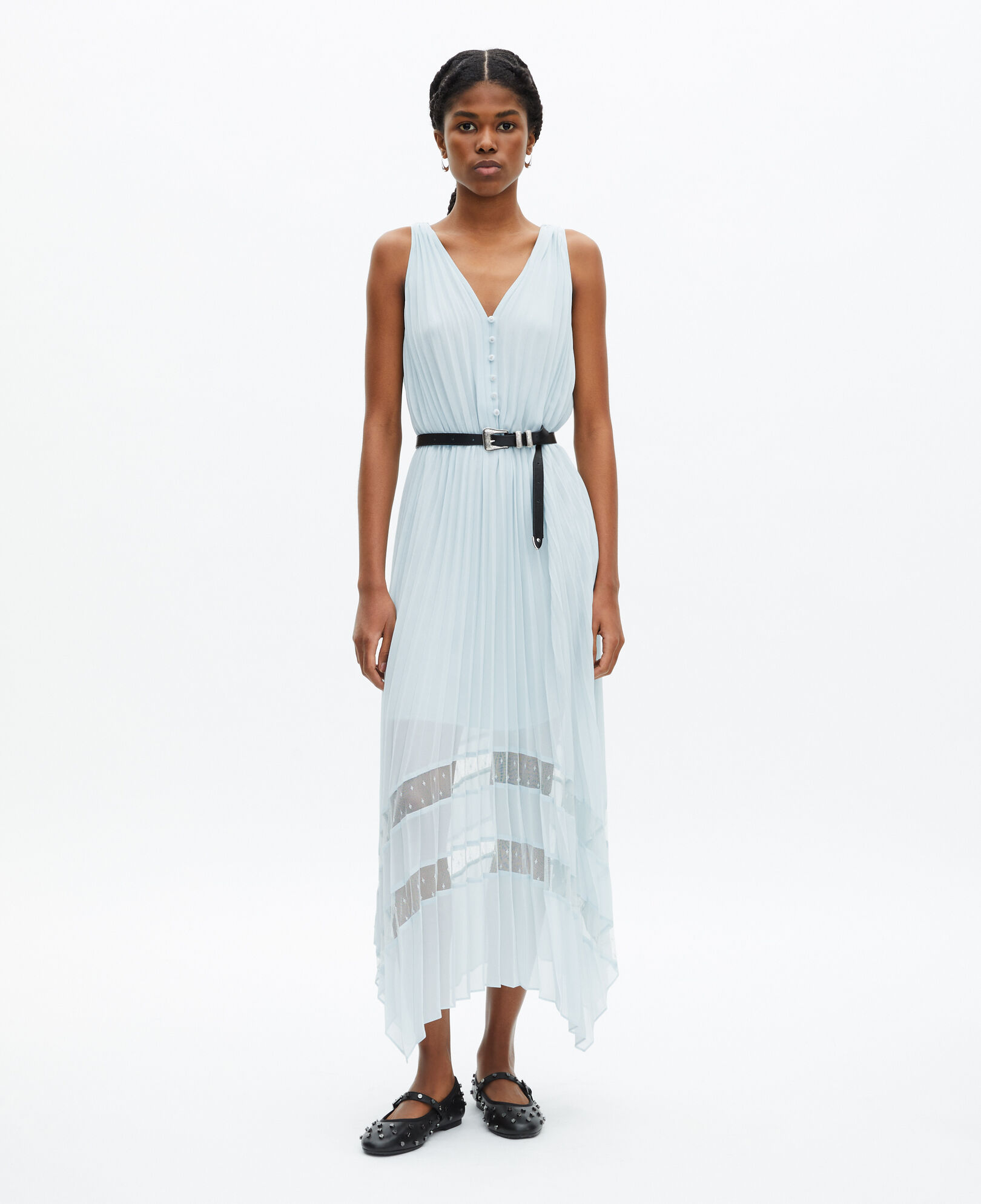 The Kooples DAMEN BABY BLUE langes kleid mit plissierung in hellblau und stickerei