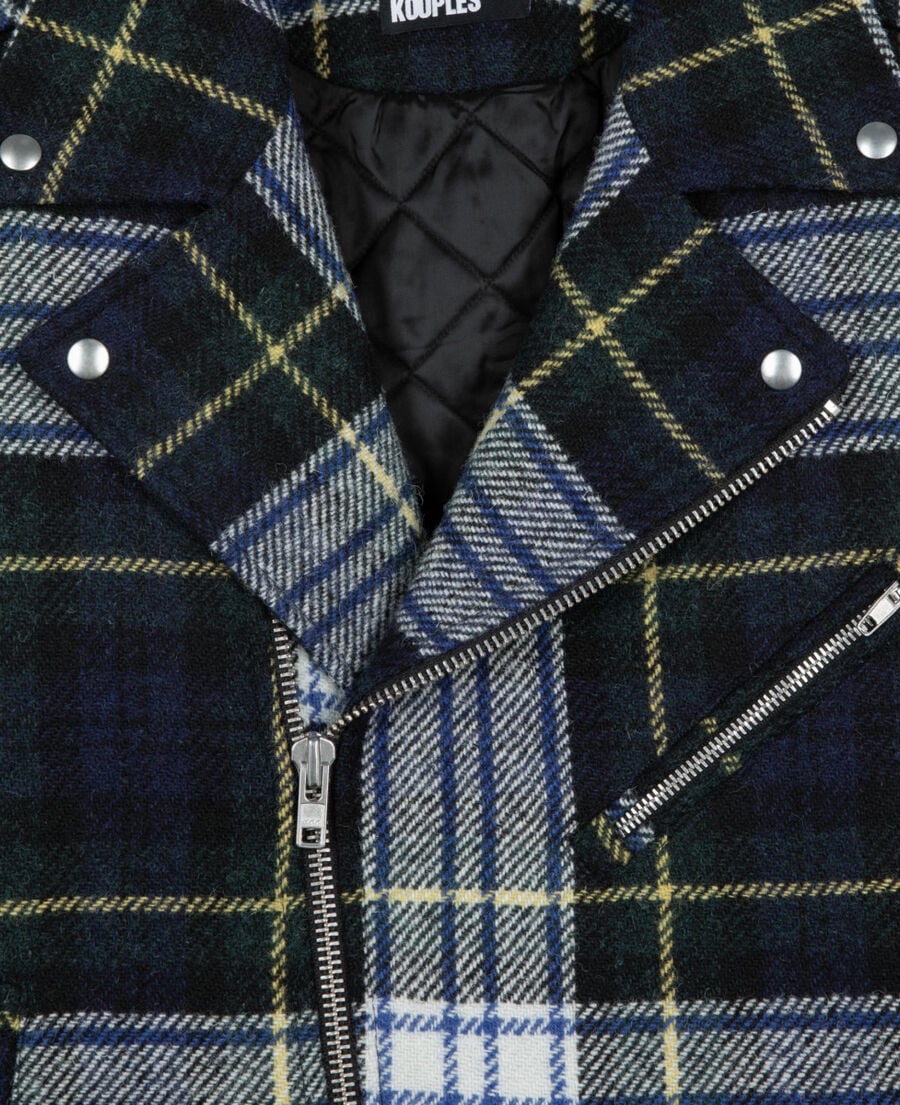 The Kooples H GREEN-WHITE green and navy blue check wool biker jacket the kooples x harris twed