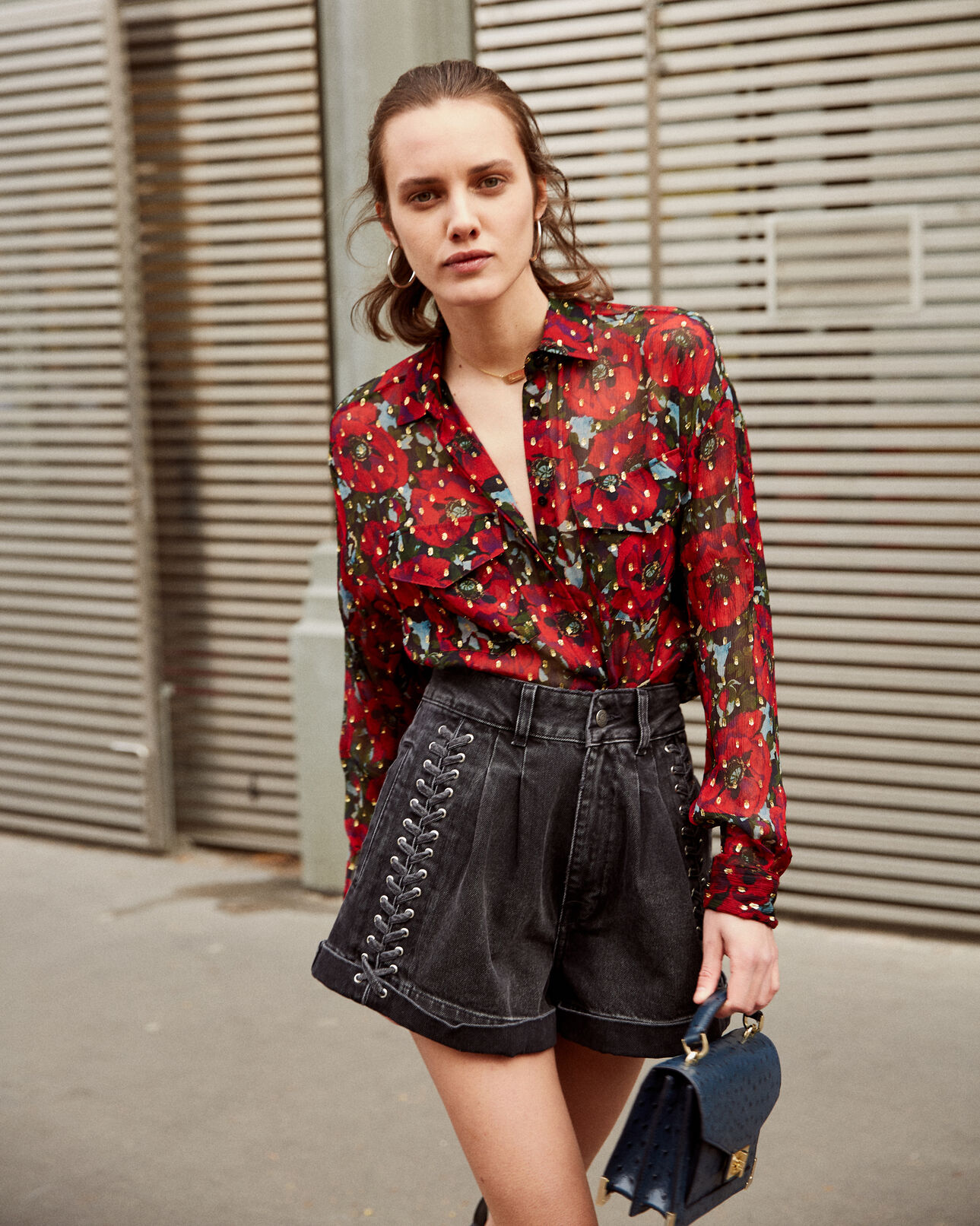 The Kooples MUJER RED / GREEN camisa de muselina de seda con estampado giant poppy