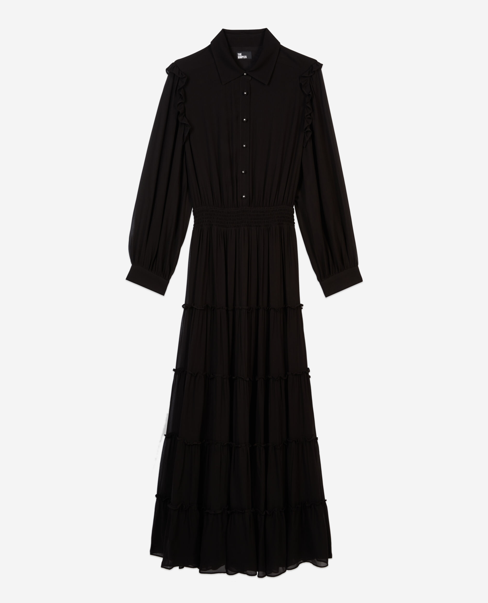 Langes schwarzes Kleid mit Rüschen, BLACK, hi-res image number null
