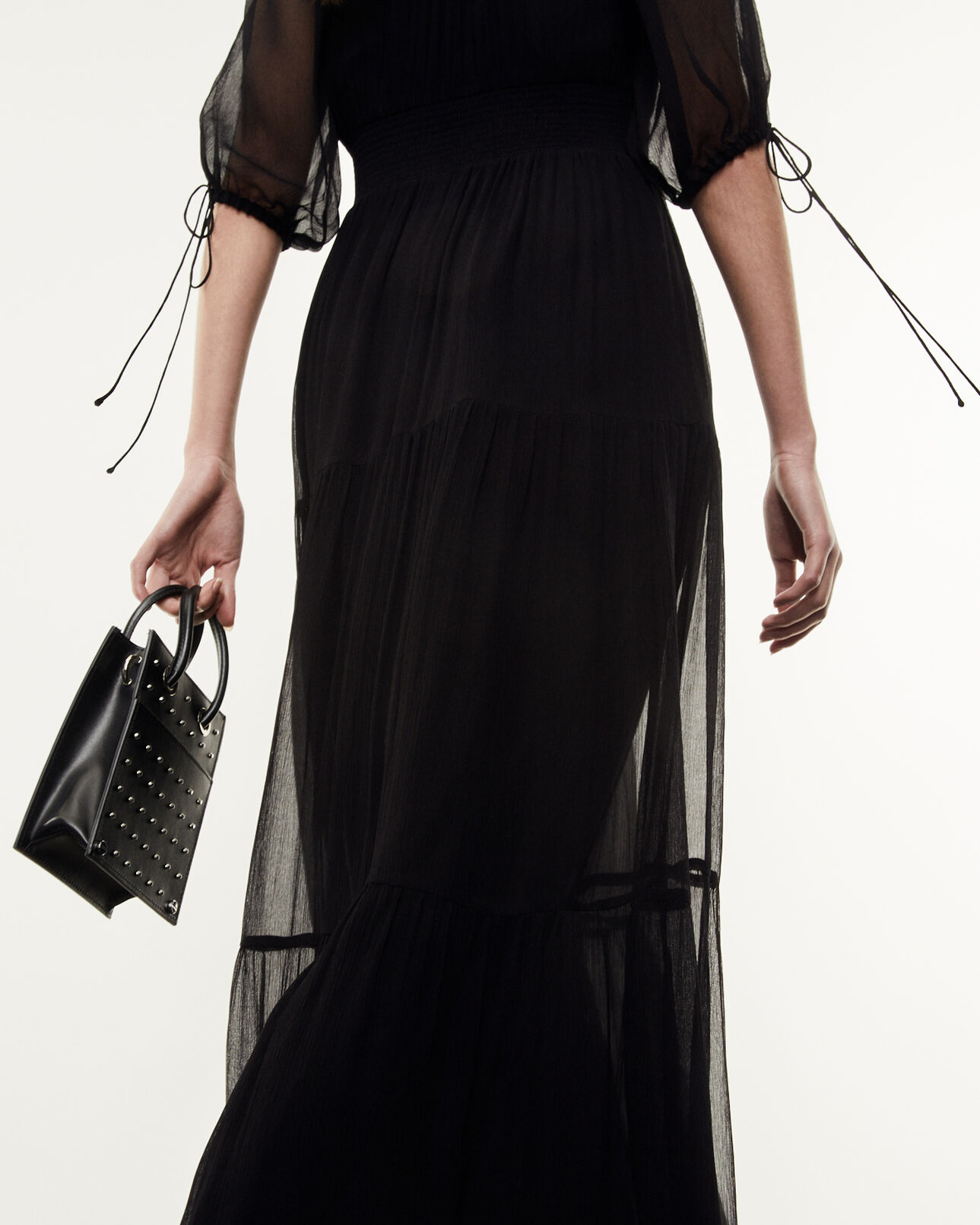 The Kooples DAMEN BLACK langes schwarzes kleid mit gesmokten details