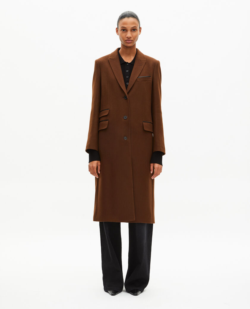 The Kooples FEMME CHOCOLATE manteau long en laine avec d&eacute;tails de cuir marron