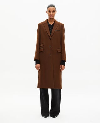 The Kooples FEMME CHOCOLATE manteau long en laine avec d&eacute;tails de cuir marron
