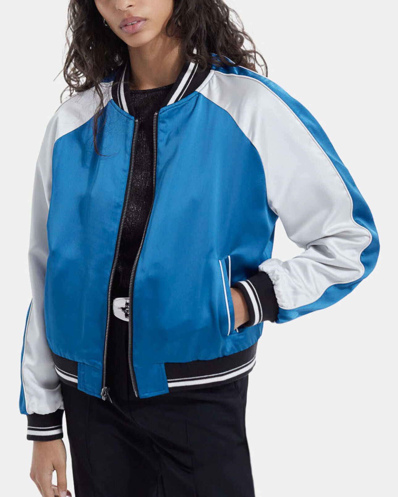 The Kooples FEMME BLACK blouson satin noir réversible zippé