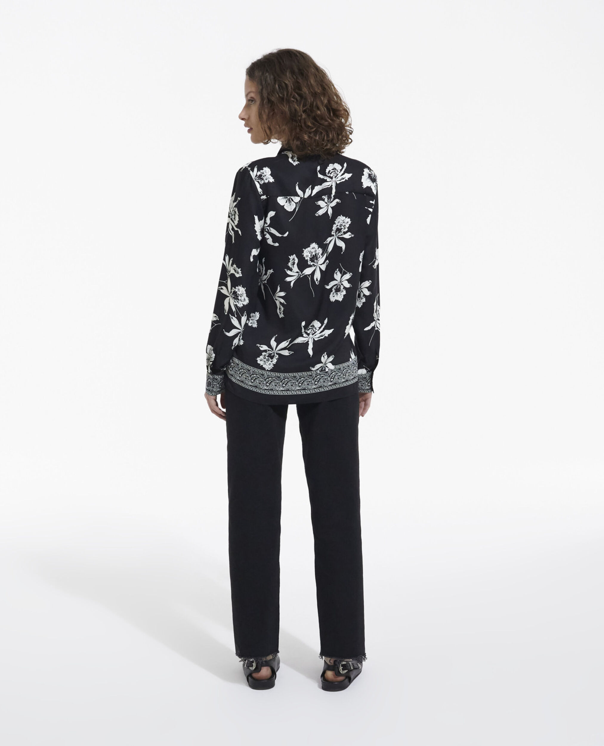 Chemise habillée femme satin motif fleuri, BLACK WHITE, hi-res image number null