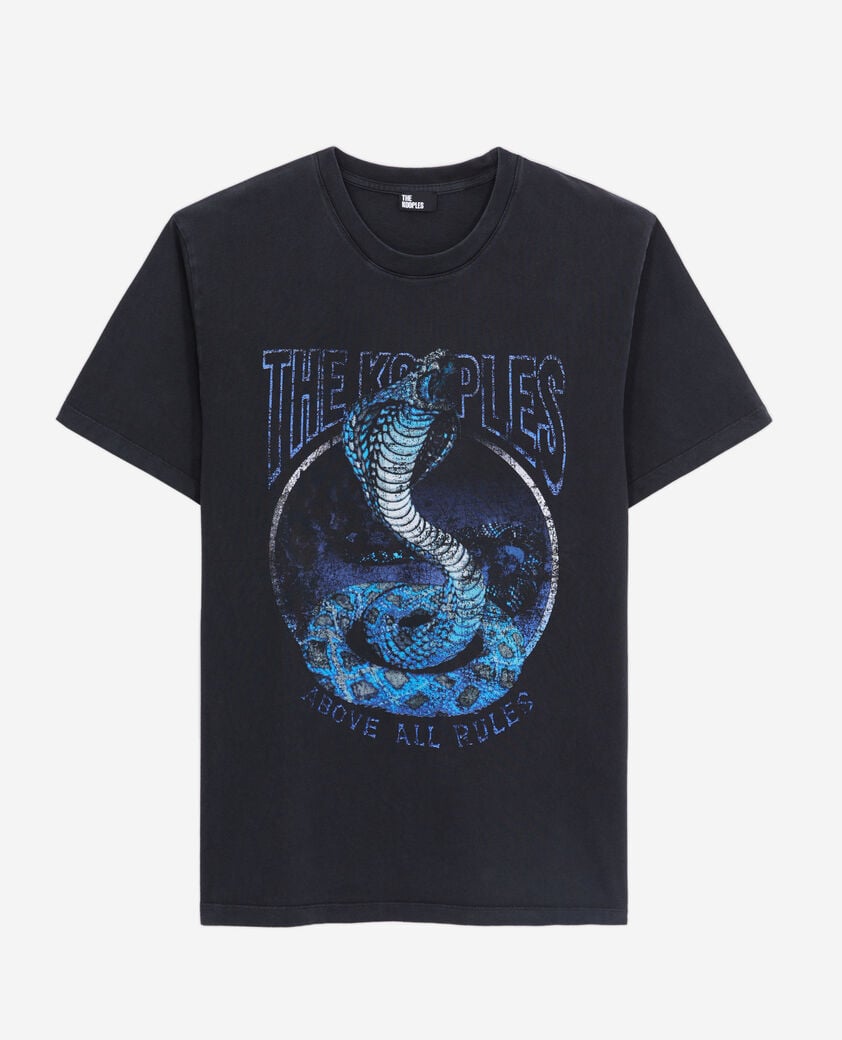 The Kooples MEN BLACK WASHED men's black t-shirt cobra serigraphy