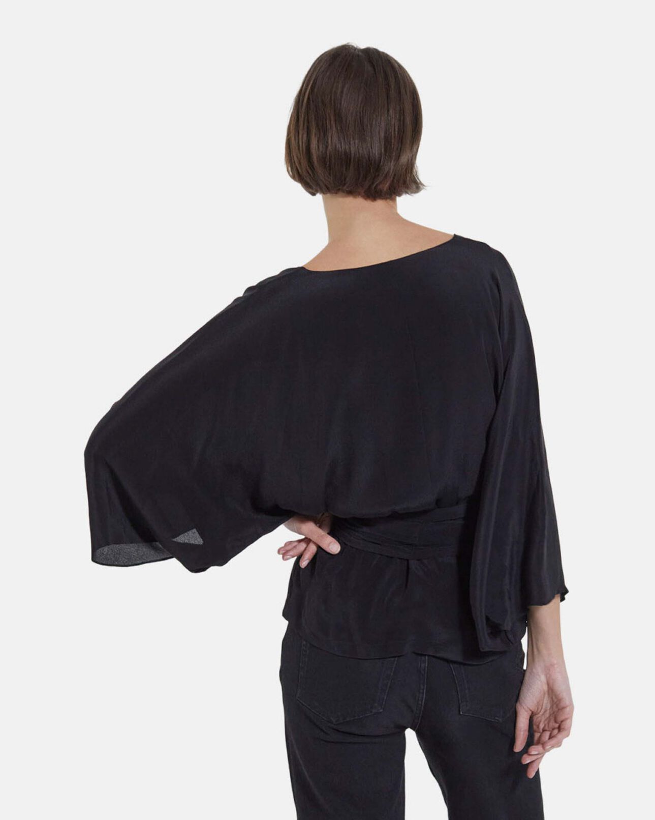 The Kooples FEMME BLACK top kimono noir manches longues drapé