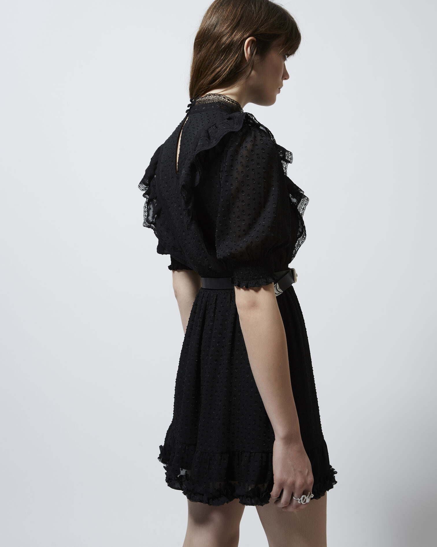 Robe noire courte col rond plumetis, BLACK, hi-res image number null