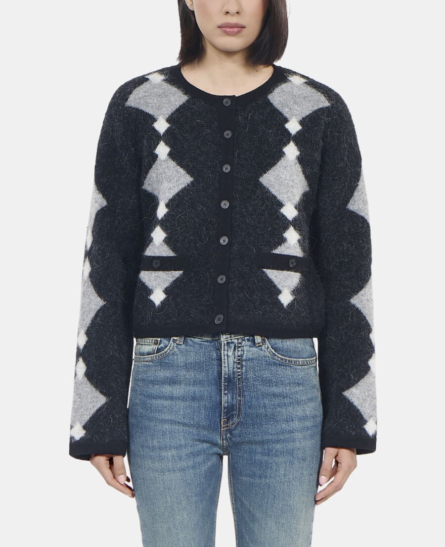 The Kooples WOMEN BLACK GREY WHITE grey alpaca diamond cardigan