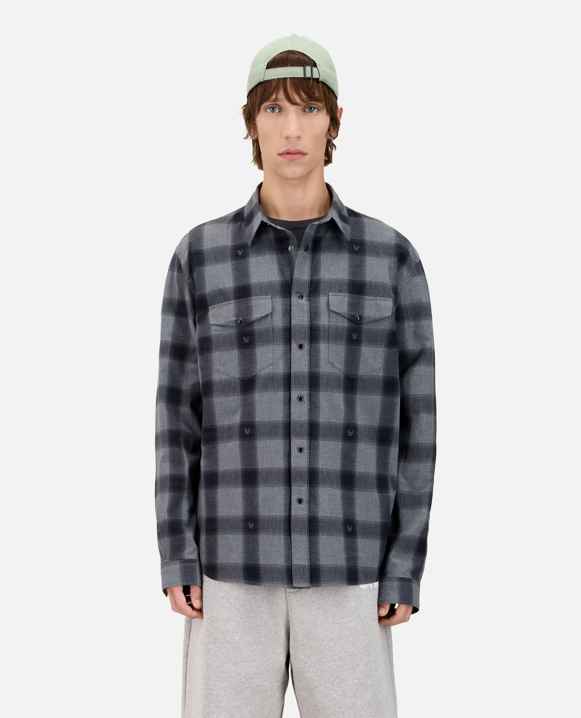 Chemise à carreaux gris avec têtes de mort, BLACK GREY, hi-res image number null