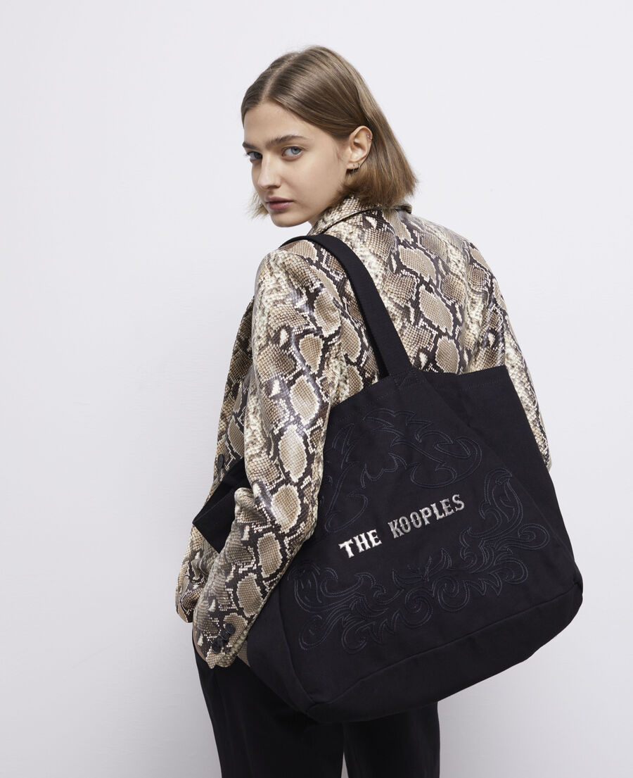 large black tote bag with embroidery and logo