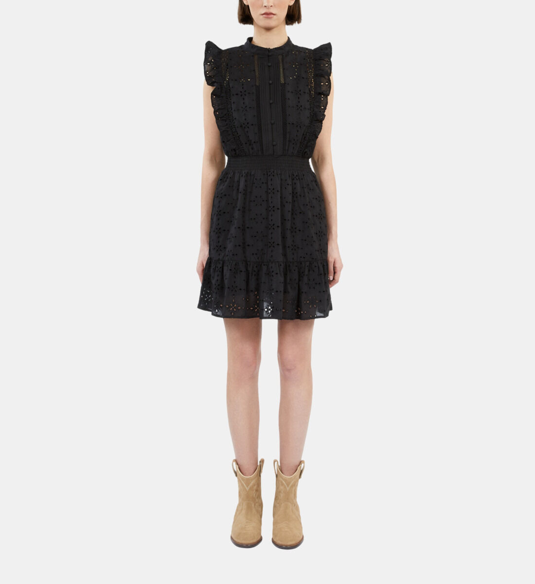 Short black dress with broderie anglaise The Kooples Canada