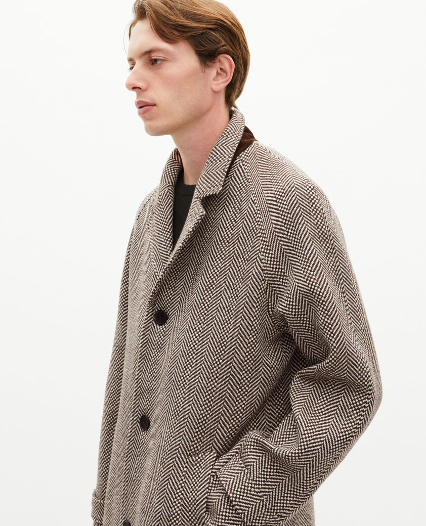 The Kooples MEN BROWN CHEVRON long brown wool herringbone coat