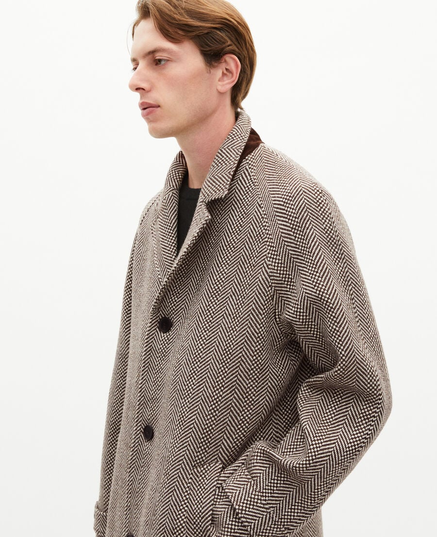 The Kooples HERREN BROWN CHEVRON langer brauner wollmantel mit fischgr&auml;tenmuster