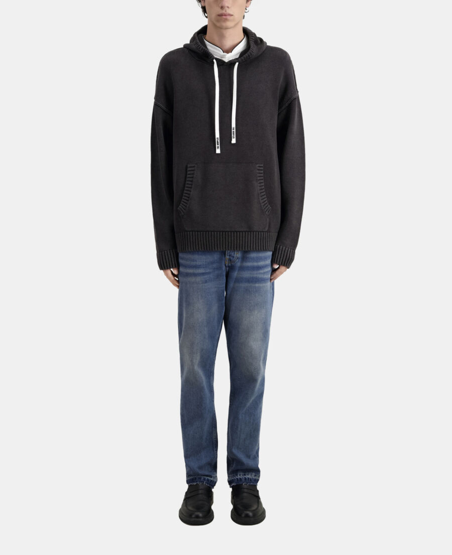 pull noir à capuche en coton et laine