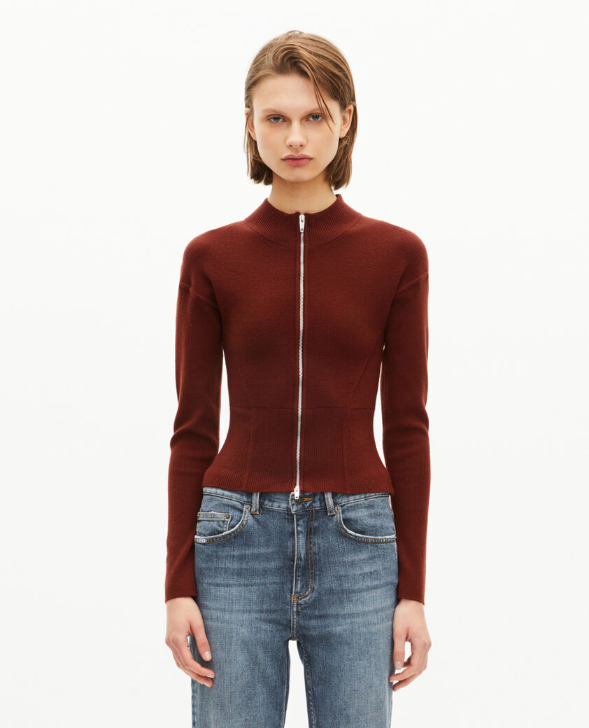 The Kooples DAMEN RED BRIQUE strickjacke mit rei&szlig;verschluss aus bordeauxroter mischwolle