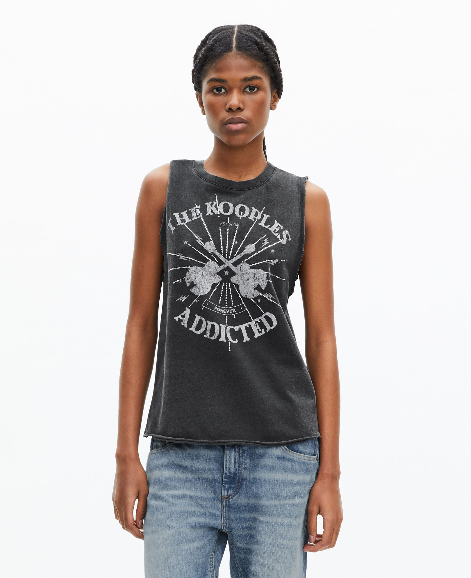 The Kooples WOMEN BLACK WASHED faded black screen print tank top with rhinestones