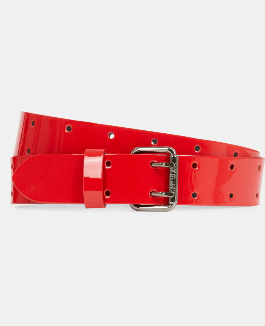 red vinyle style leather belt with double notch