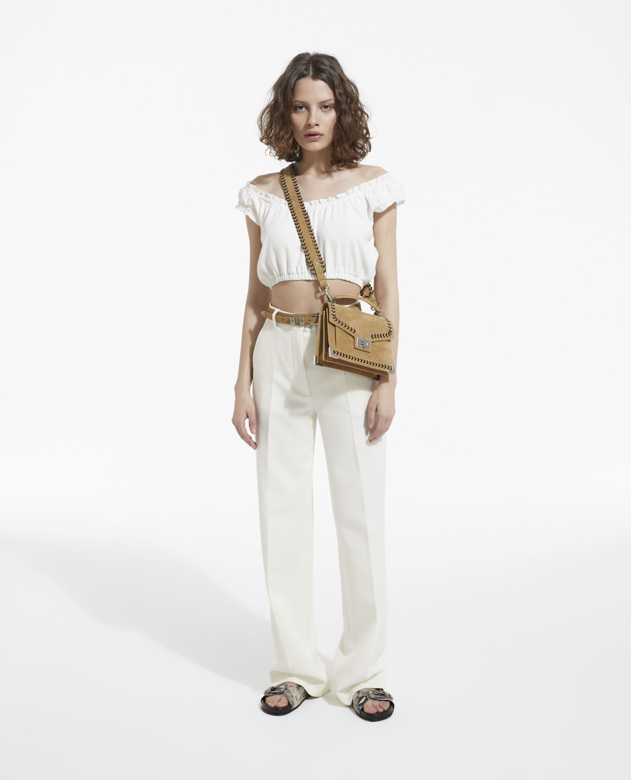 Ecru crepe top with short puffed sleeves, OFF WHITE, hi-res image number null