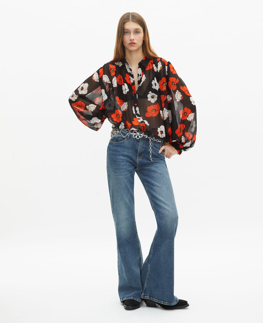 The Kooples F BLACK RED OFF WHITE loose-fitting black floral print shirt