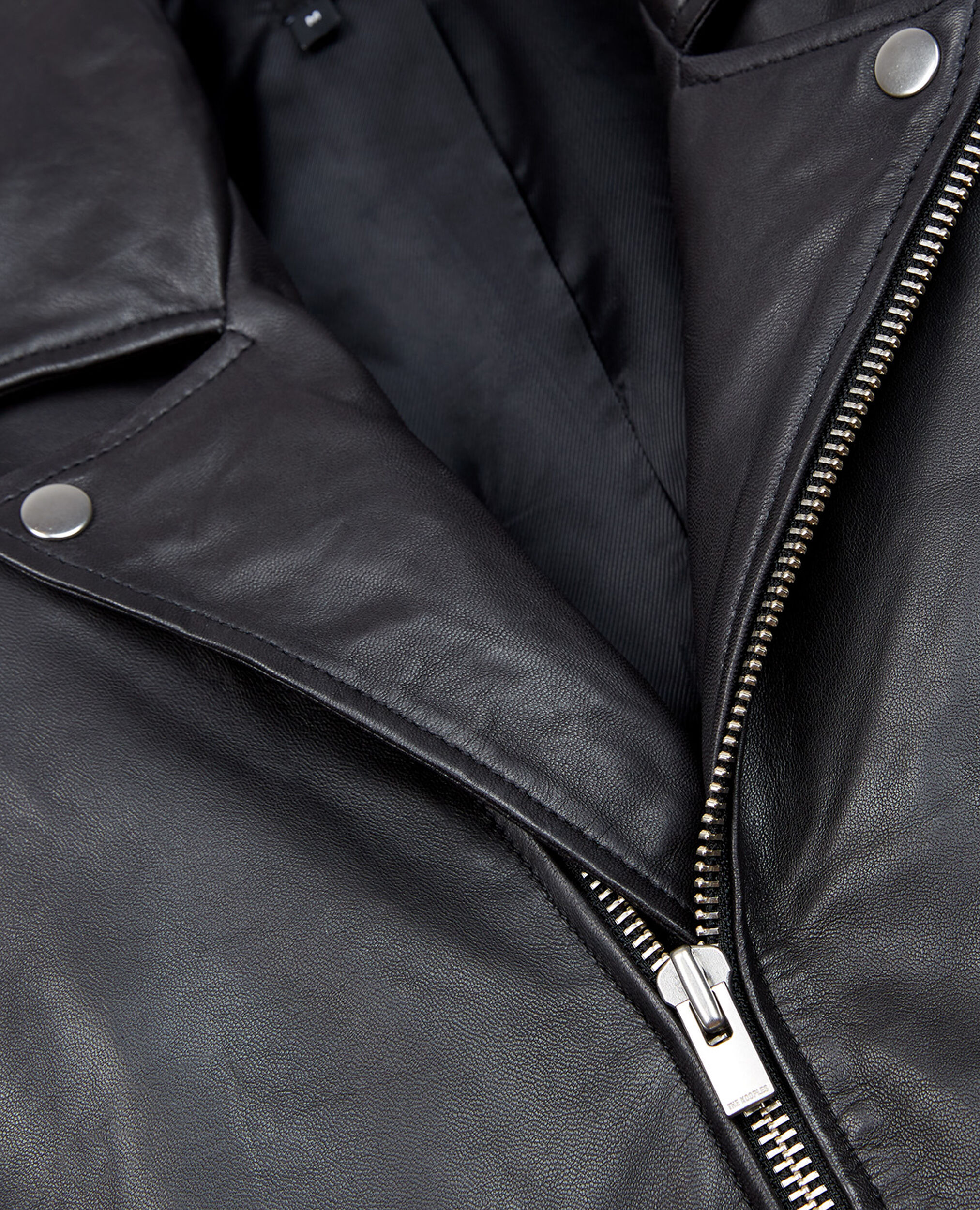 Zipped black leather biker jacket, BLACK, hi-res image number null