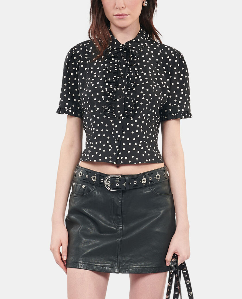 The Kooples FEMME BLACK WHITE chemise manches courtes &agrave; pois en soie noire
