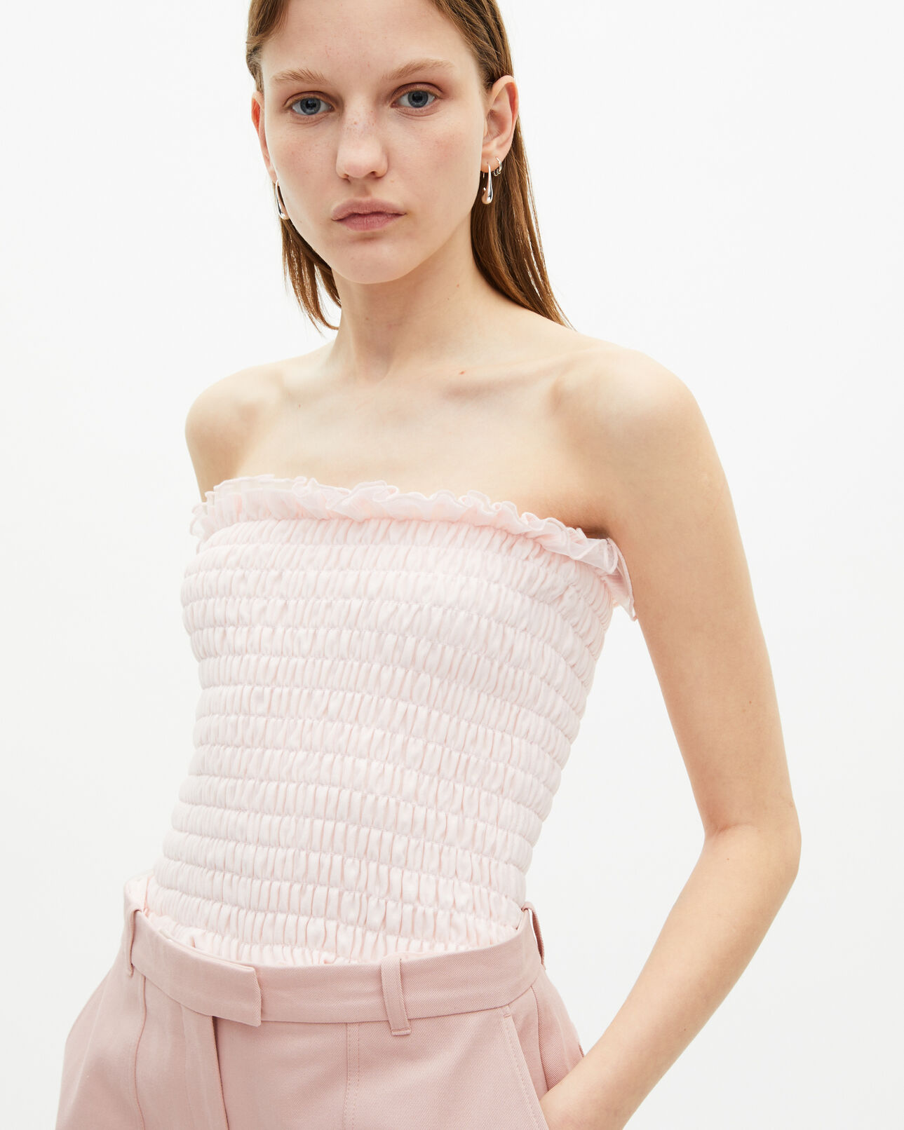 The Kooples WOMEN LILA pink smocked bustier top