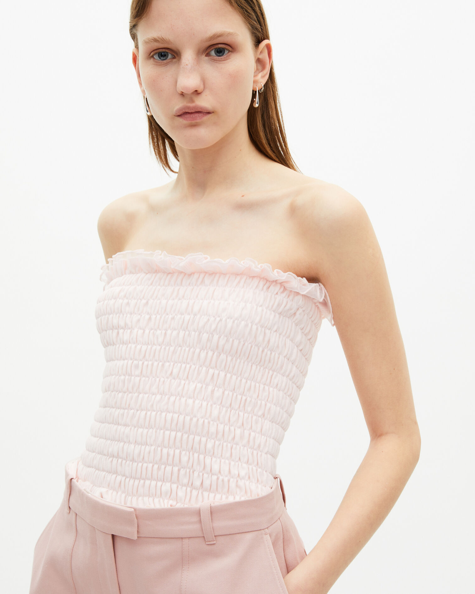 Pink smocked bustier top, LILA, hi-res image number null