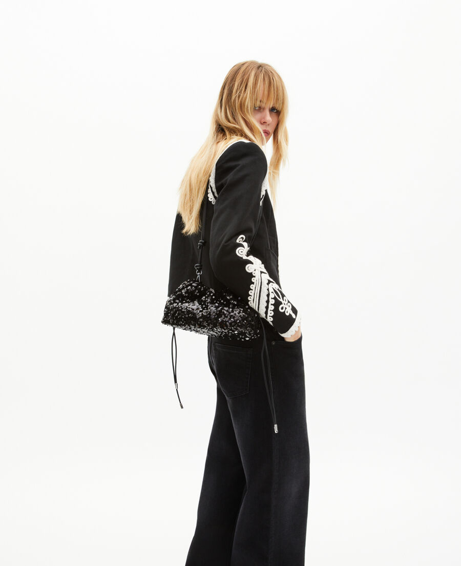 The Kooples DAMEN BLACK bestickte jacke aus schwarzer baumwolle