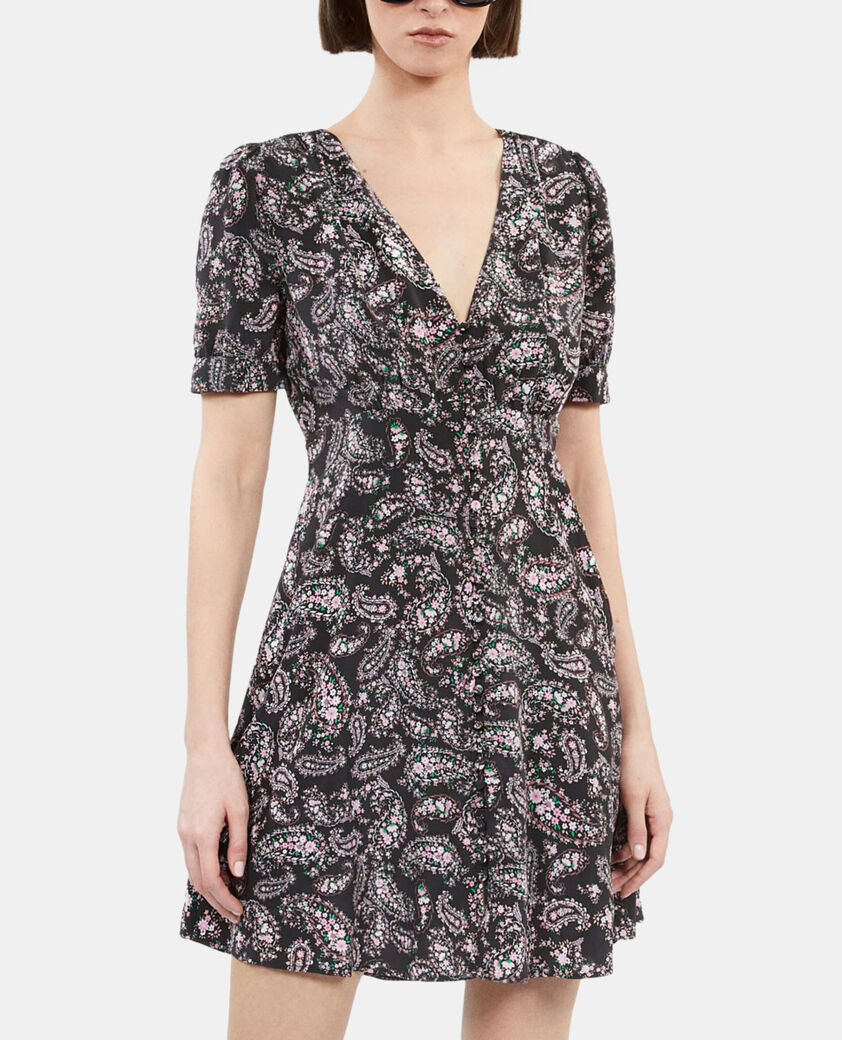 The Kooples FEMME BLACK / PINK robe courte imprimée avec boutonnage en soie