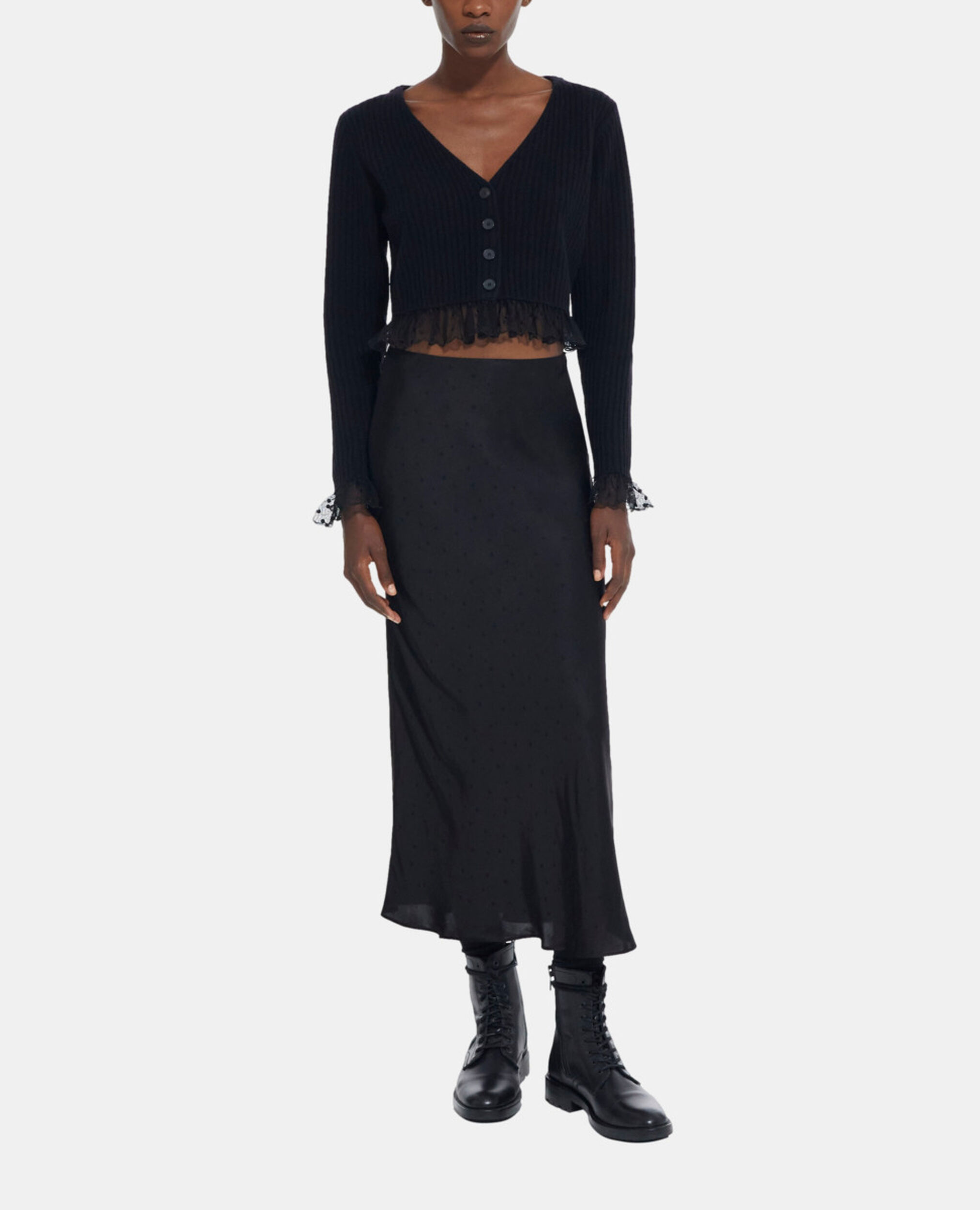 Fine black wool cardigan, BLACK, hi-res image number null