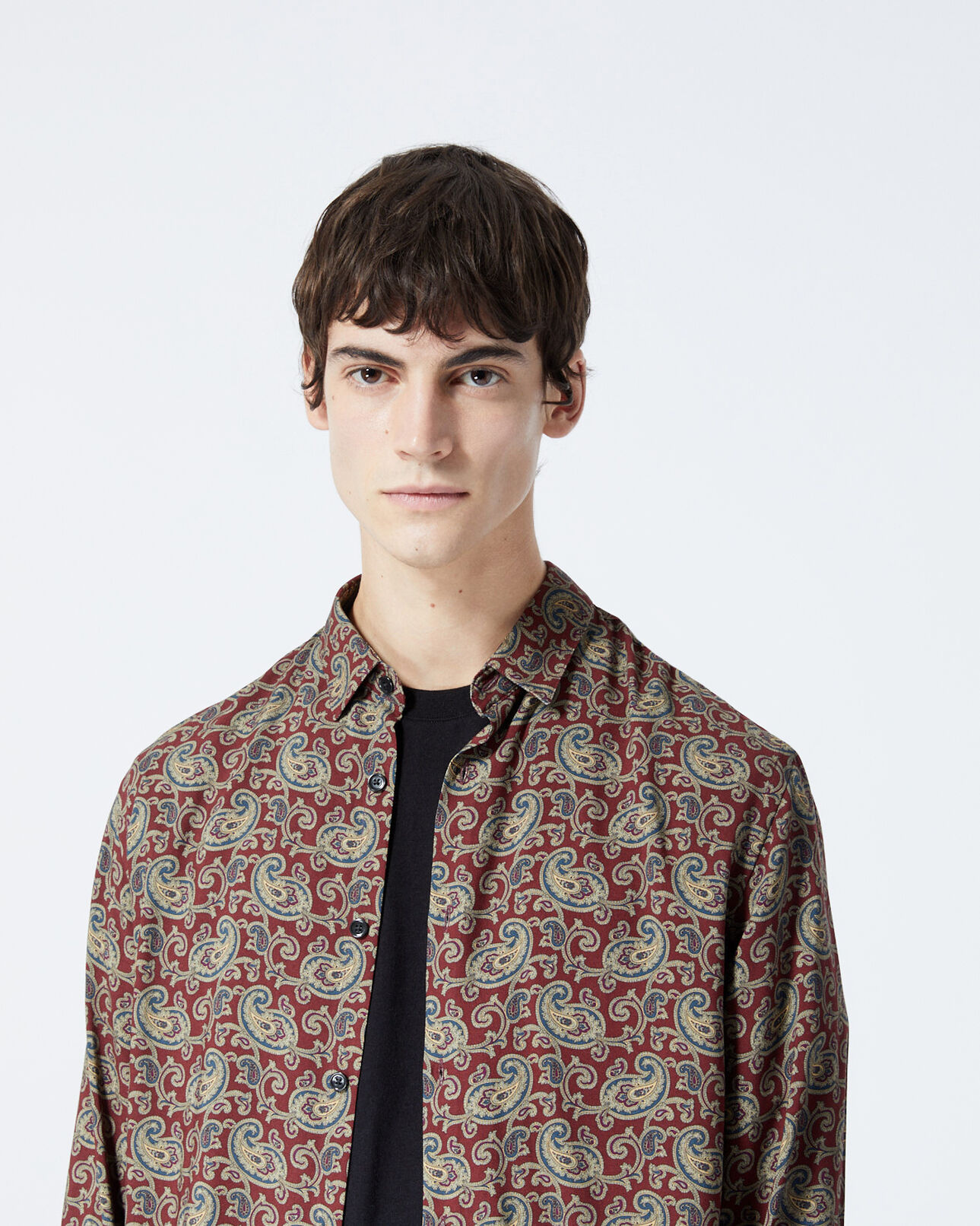 The Kooples MEN BURGUNDY / CAMEL flowing burgundy shirt with paisley motif