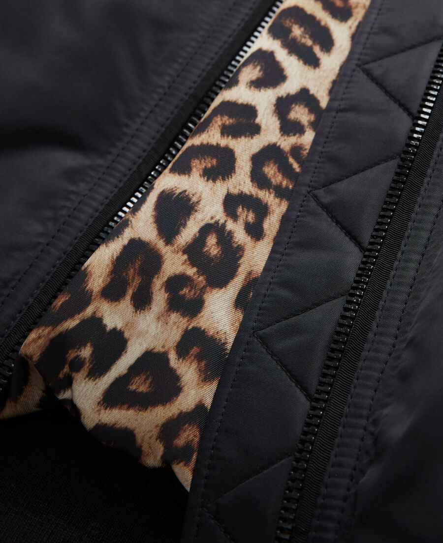 black bomber jacket with leopard lining