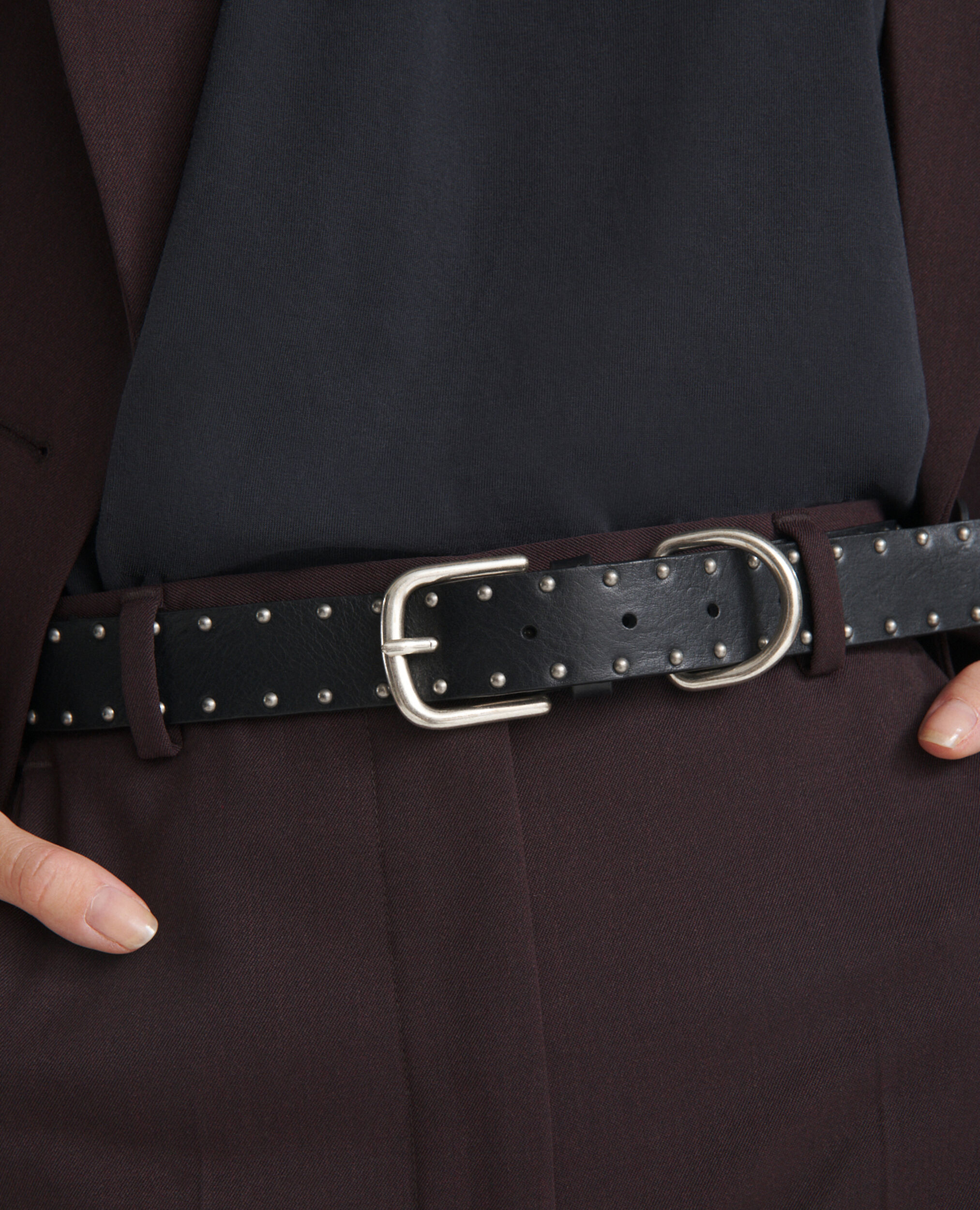 Cinturón piel fino negro tachuelas, BLACK, hi-res image number null