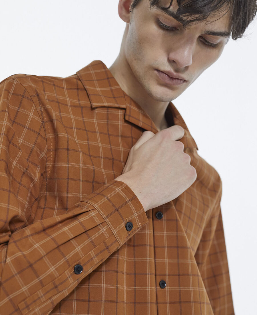 orange check shirt with cuban collar