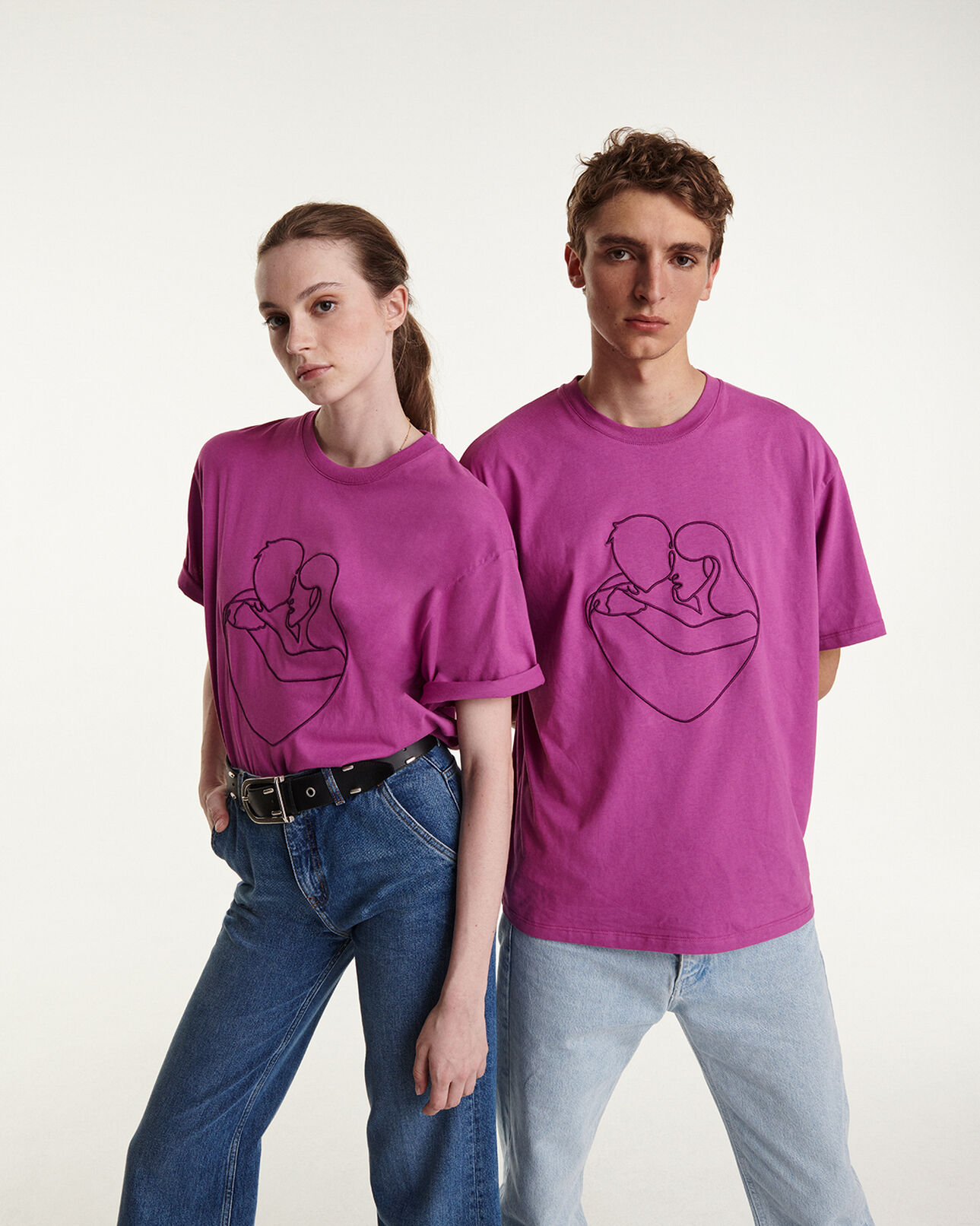 The Kooples HOMME PURPLE t-shirt rose coton brodé ton sur ton