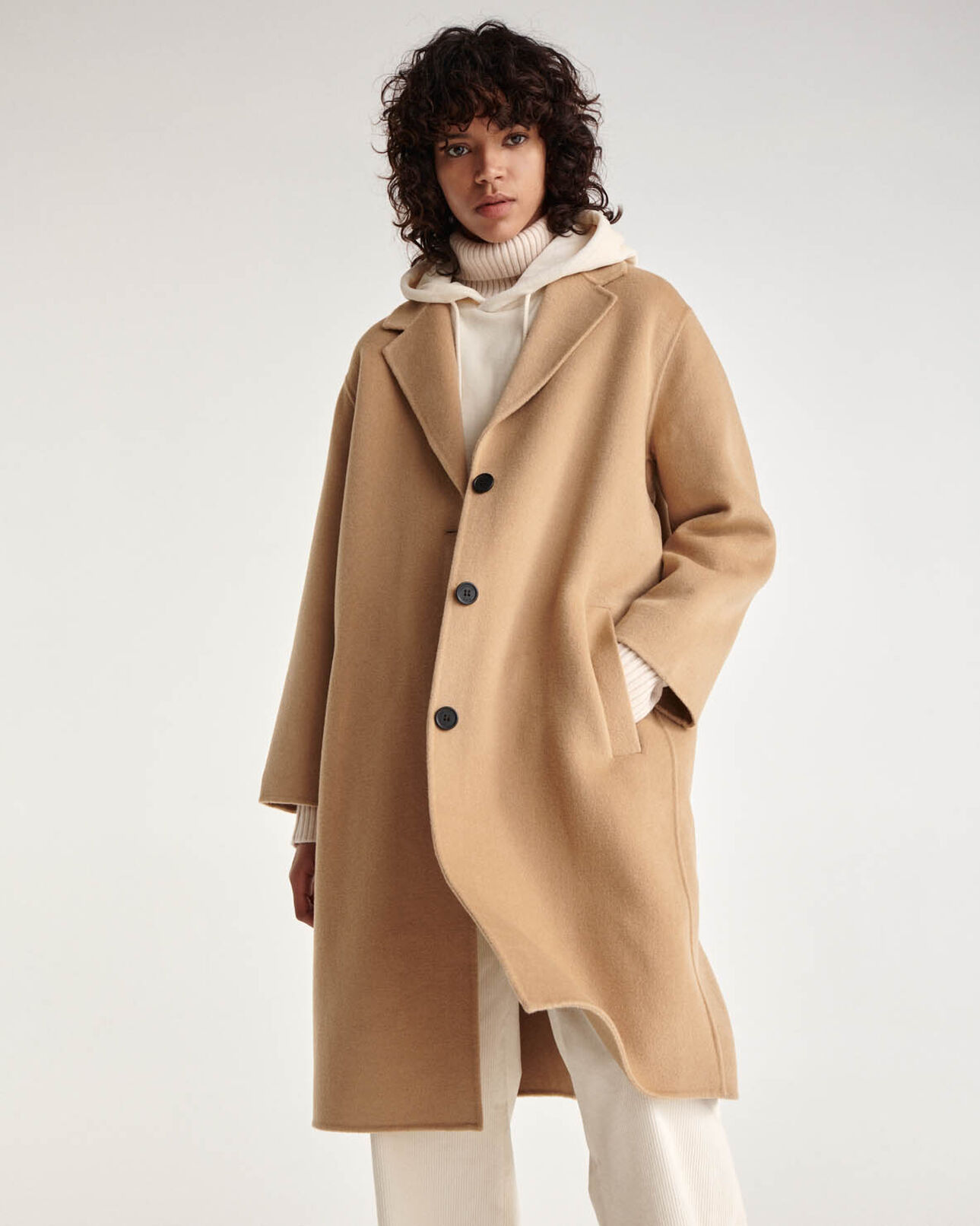 The Kooples WOMEN CAMEL double-faced button-up camel wool coat