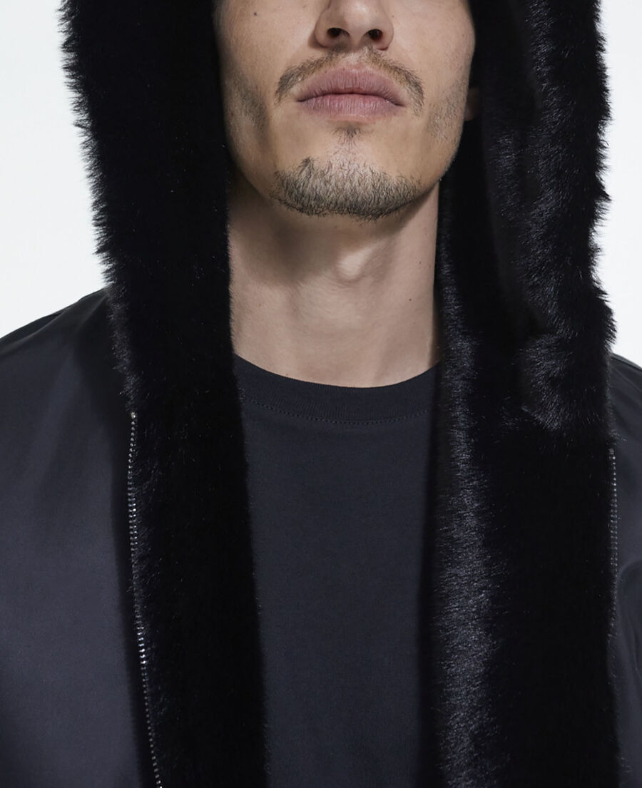 faux fur coat with gray hood