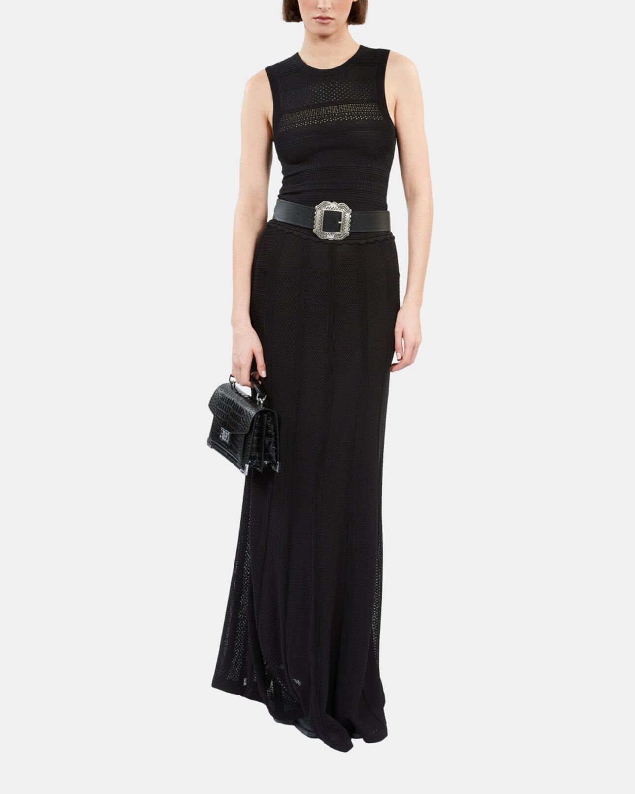 The Kooples WOMEN BLACK long black openwork knit skirt