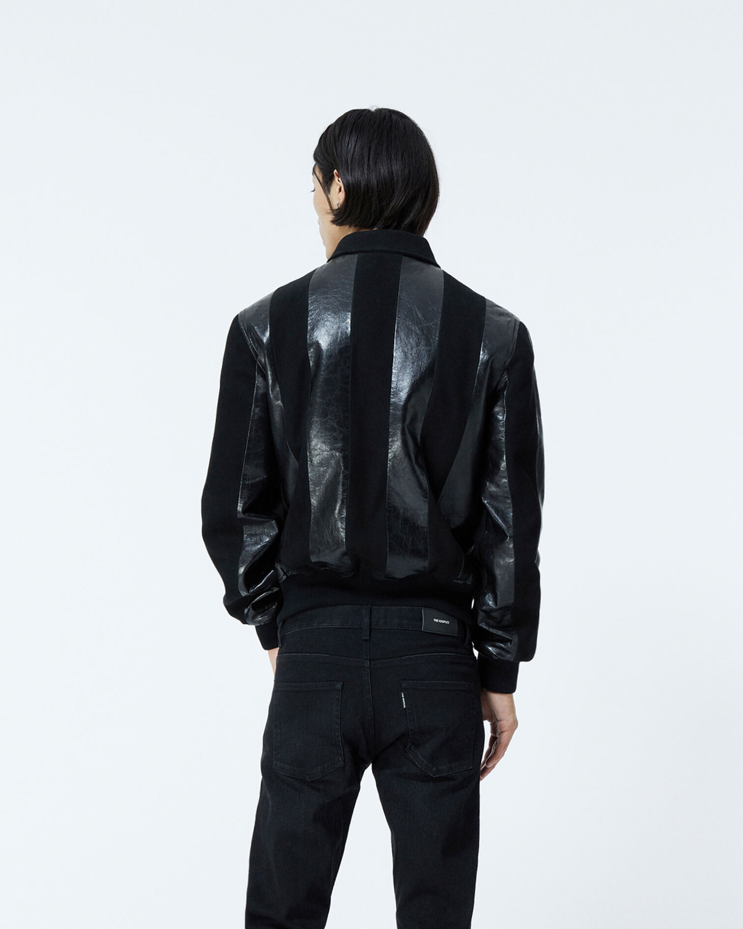 Black leather jacket with contrasting stripes, BLACK, hi-res image number null