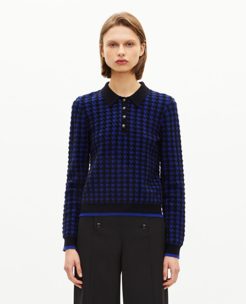 The Kooples FEMME BLACK NAVY pull col polo en pied de poule en laine mélangée bleu