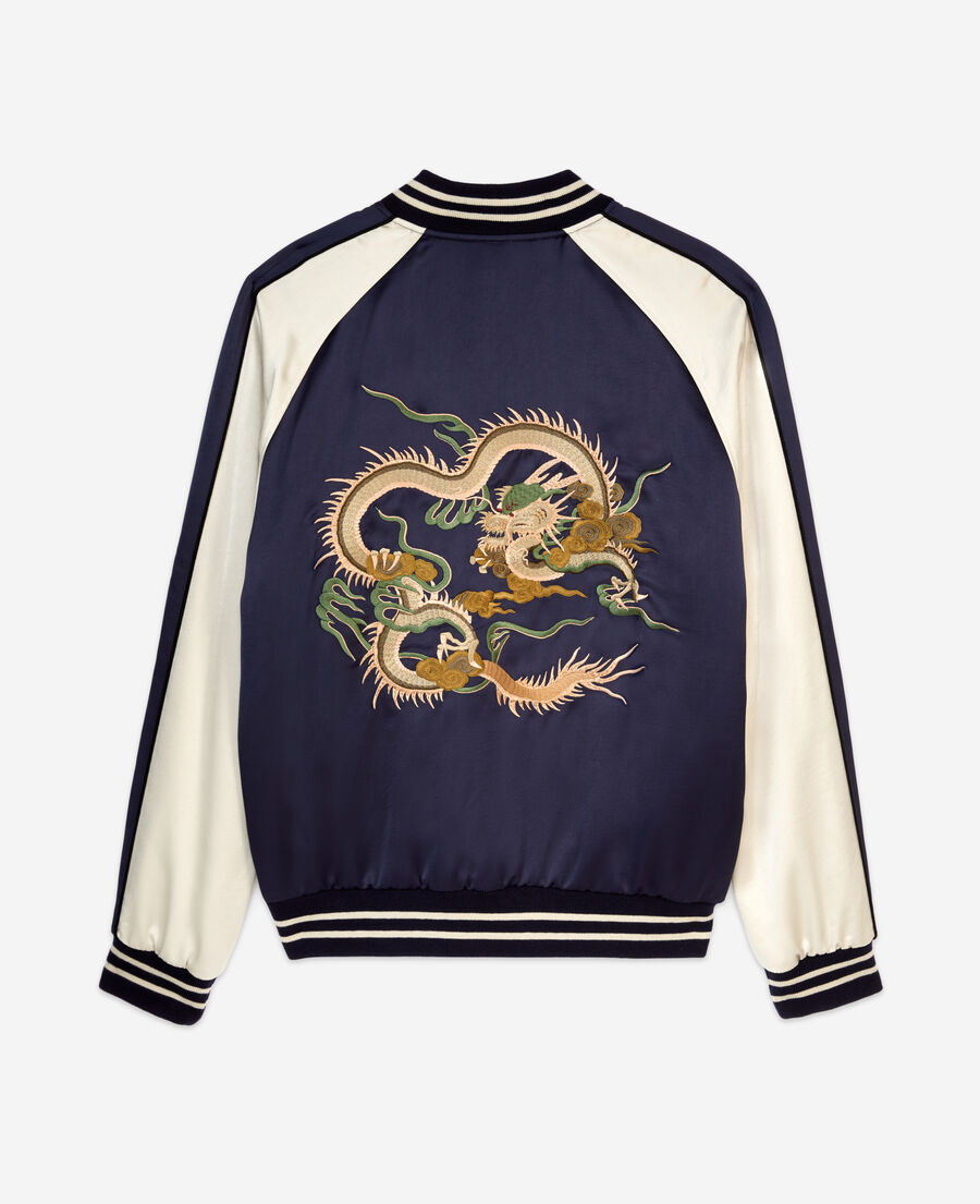 chaqueta azul marino satinada bordado dragon