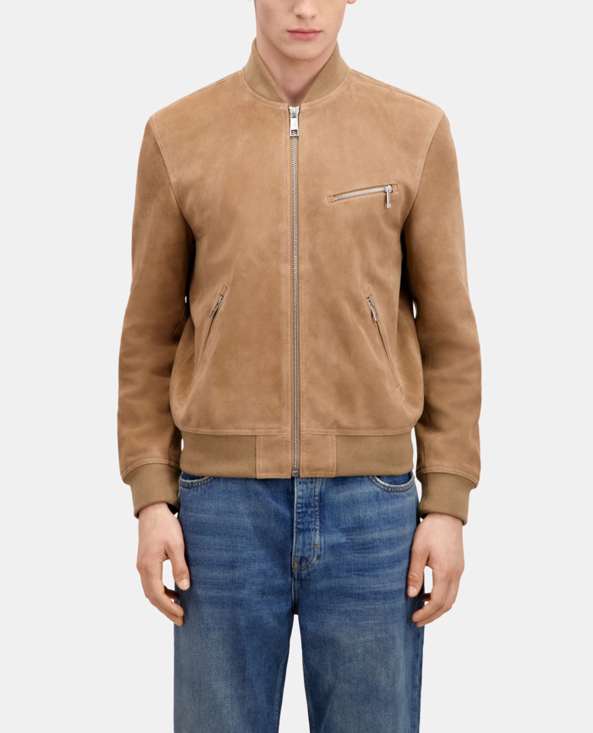 Blouson avec zip en cuir suède beige, BEIGE, hi-res image number null