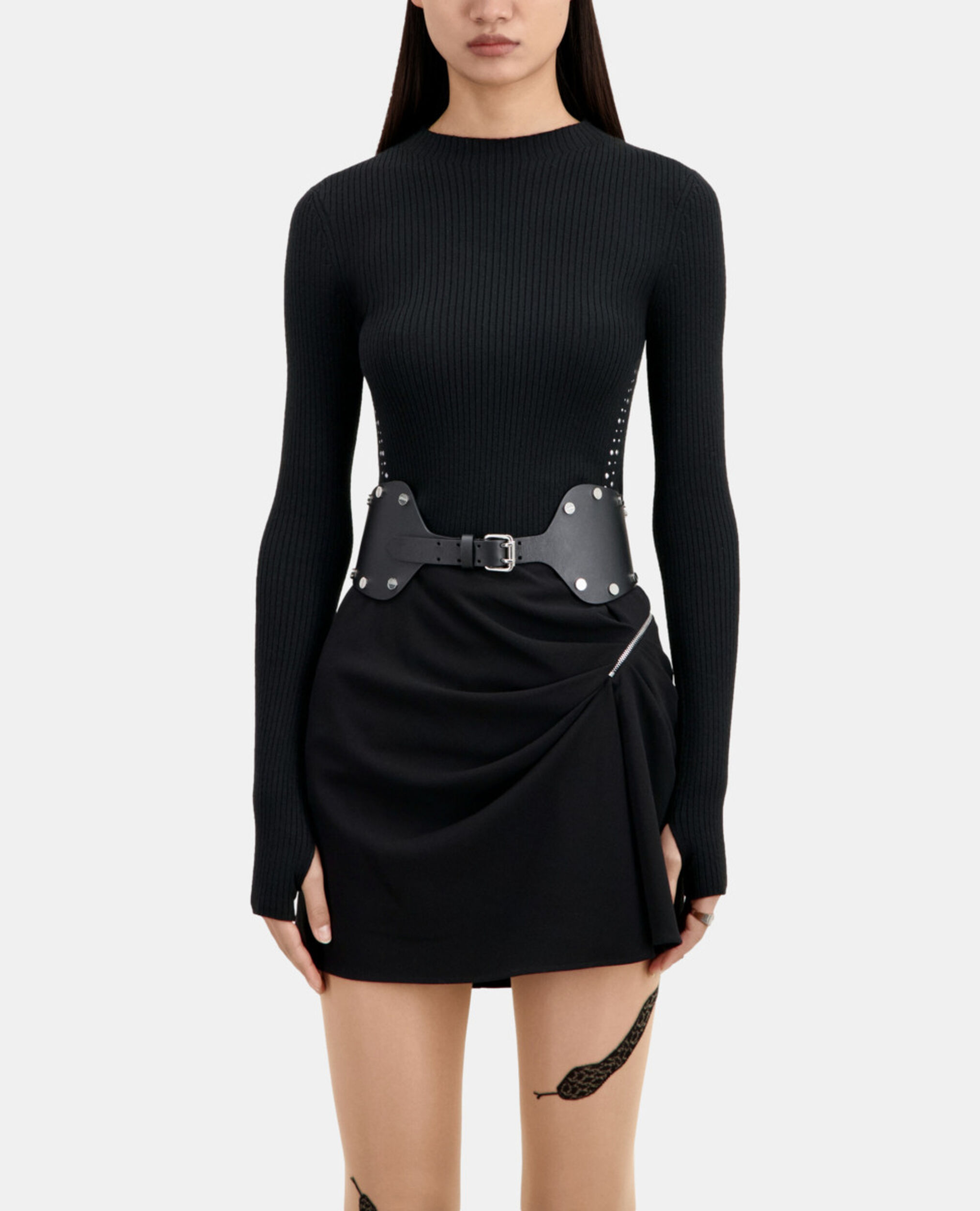 Ceinture large en cuir noir avec clous, BLACK, hi-res image number null