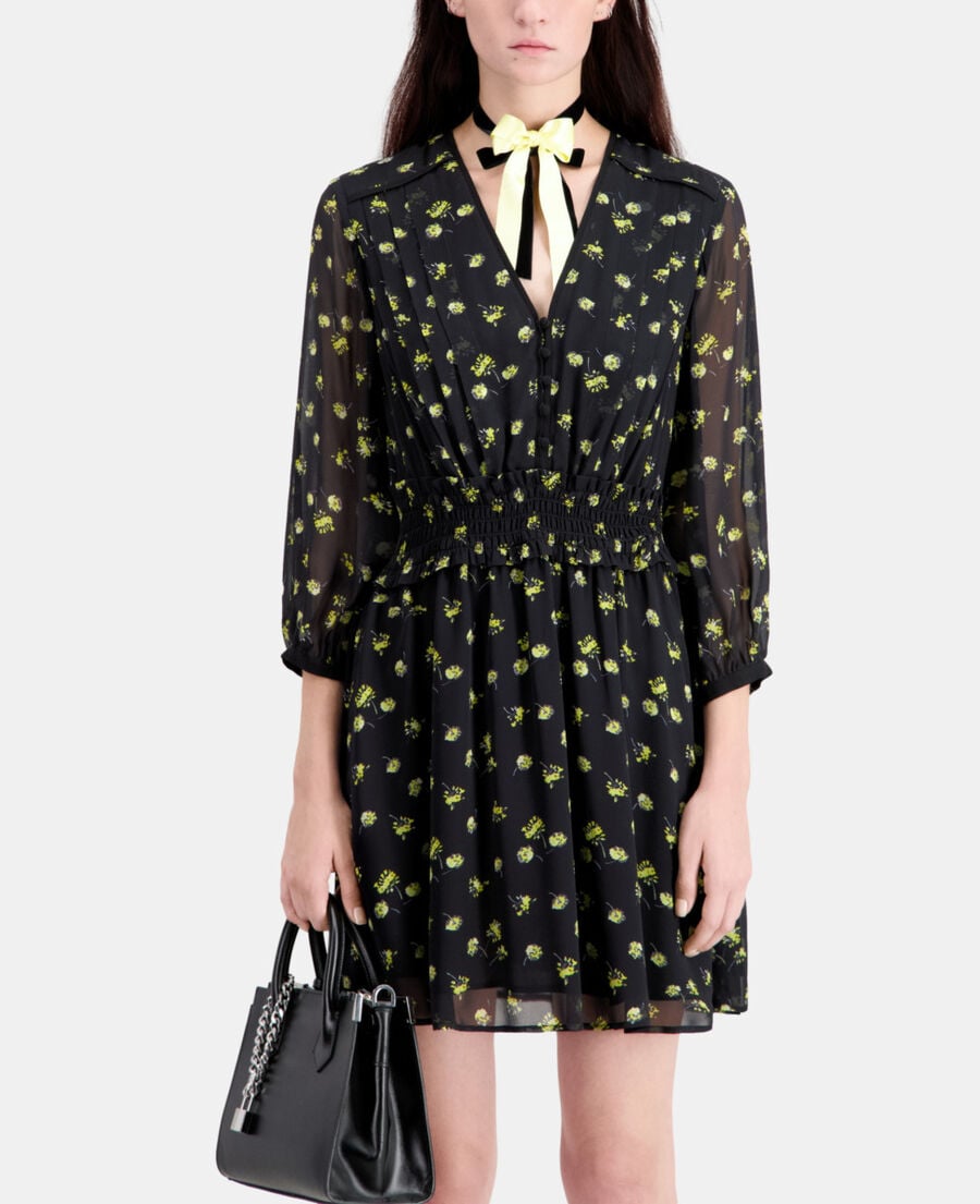 The Kooples FEMME BLACK / YELLOW robe courte imprimée avec boutonnage