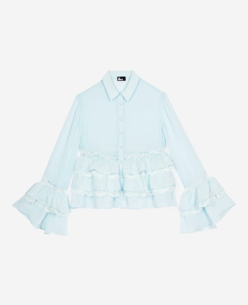 The Kooples DAMEN BABY BLUE hellblaues spitzen- und rüschenhemd