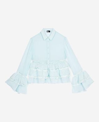 The Kooples DAMEN BABY BLUE hellblaues spitzen- und rüschenhemd