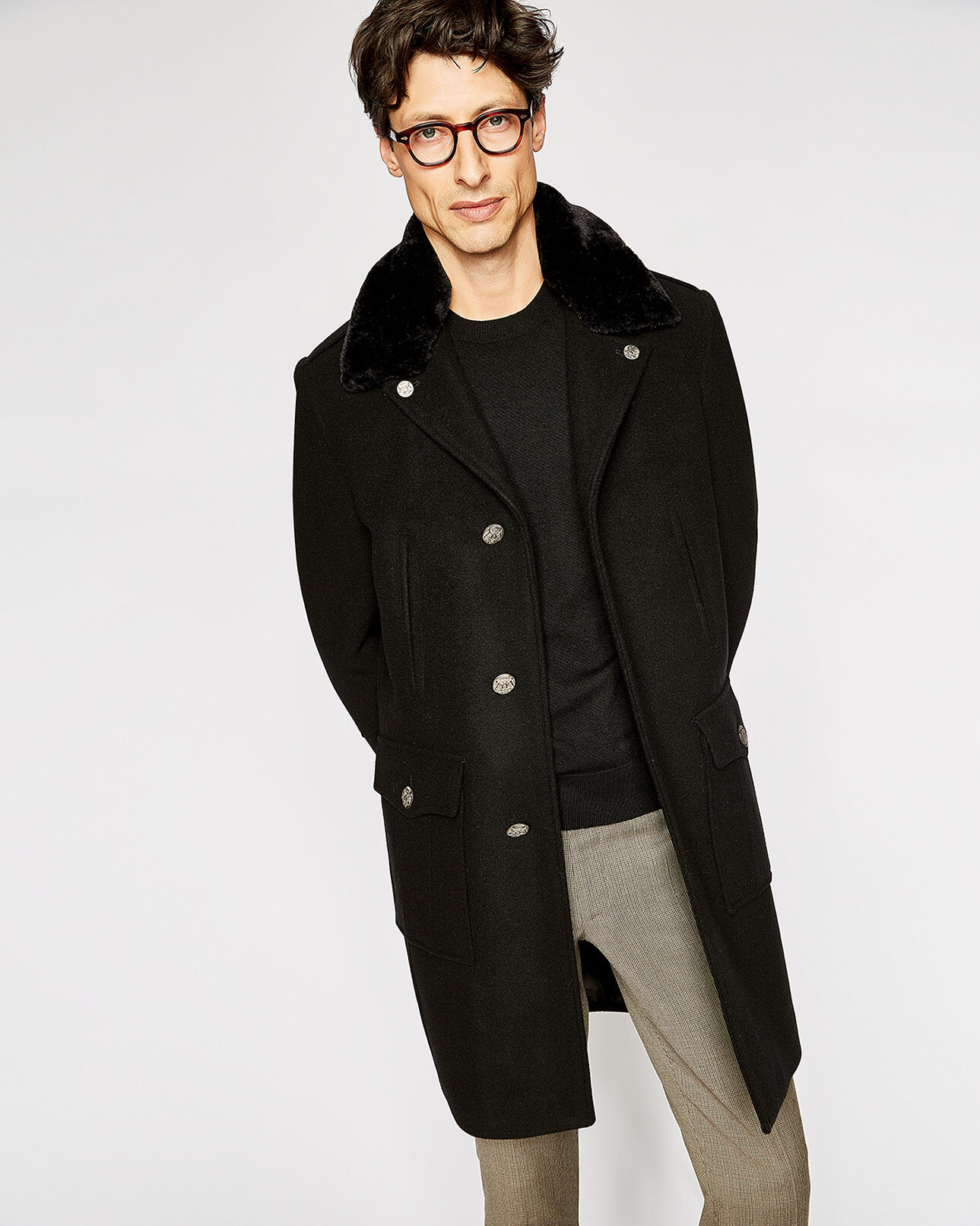 The Kooples HERREN BLACK gerader schwarzer mantel mit webpelz-kragen